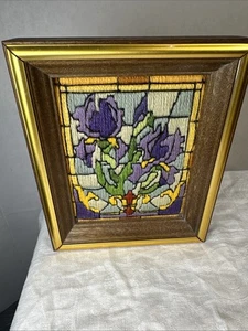 Bordado IRIS Crewel con marco dorado vintage años 70 hecho a mano - Imagen 1 de 5