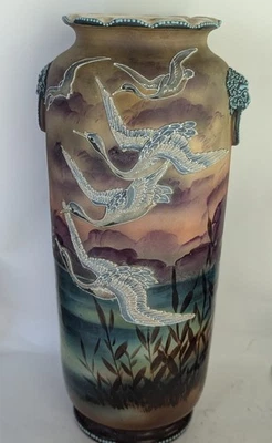 Antique Nippon Moriage Flying Geese Vase 15" Tall Unsigned Japanese (Former Lamp - Image 1 of 4