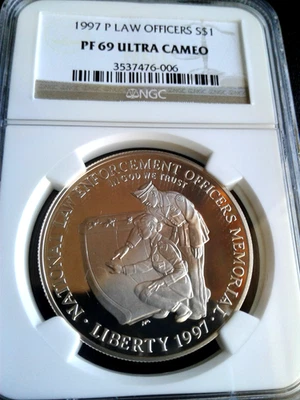 1997-P $1 Law-Officers Commemorative-Silver-Dollar NGC PF 69 UC Rare - Image 1 of 4