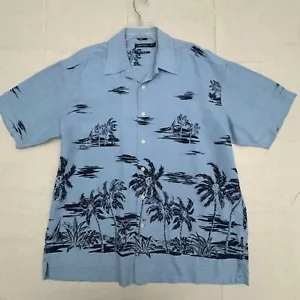 Nautica Blue Hawaiian Palm Tree Sailboat Print Button Short Sleeve Silk Shirt XL - Picture 1 of 16