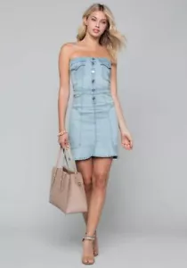 Bebe Dress Denim Fitted Strapless Buttons Ruffle Light Blue Wash Pockets NWT 6 - Picture 1 of 3