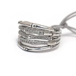 JOHN HARDY New Ladies Bamboo Silver Diamond 0.2 ct Wide Ring Size 7.5 - Picture 1 of 11