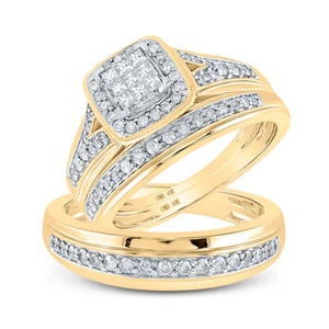 10k Yellow Gold His Her Princess Diamond Square Matching Bridal Wedding Ring Set - Picture 1 of 1