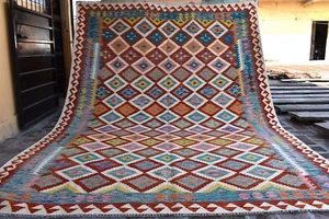 Alfombra tribal afgana tejida a mano blanca 7x10 roja geométrica nómada lana Kilim alfombra - Imagen 1 de 10