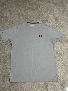 Under Armour Shirt Mens Large Gray HeatGear Crew Neck Athleisure Red Logo - Picture 1 of 4