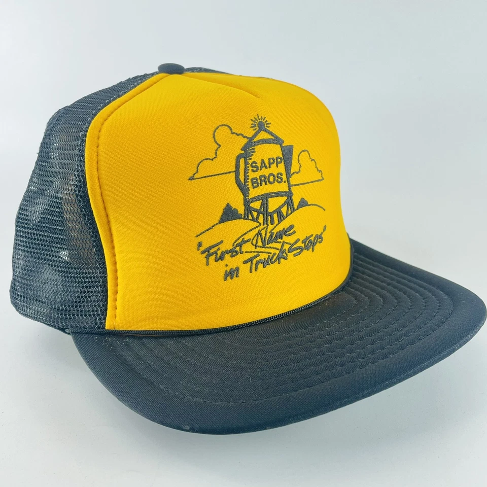 Gorra de camionero Sapp Brothers Bros Truck Stop negra amarilla malla Snapback de colección Foto 1 de 4