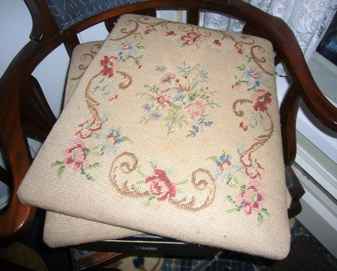 MATCHING SET OF TWO HAND-EMBROIDERED CHAIR CUSHION COVERs, WALES c 1880 Cover