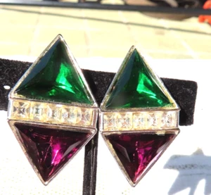 Beautiful Kenneth J Lane KJL Larger Tillion Cut purple & Green Clip Earrings - Picture 1 of 2