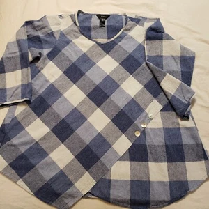 Ali Miles 1X Haut Tunique Bleu Blanc Plaid Lin Manches 3/4 Lagenlook Assymétrique - Photo 1/11