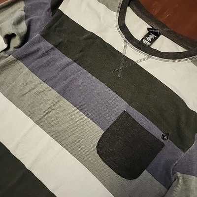 Volcom Y2K Striped Colorblock Waffle Knit Thermal Pullover Shirt Size Large - Image 1 of 4