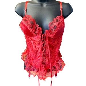 Vintage Teddy With Garters Size S/M Red Satin Shiny Silky Sheer Lace - Picture 1 of 14