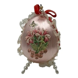 Vtg Satin Styrofoam Easter Egg~Pink Flowers~Velvet & Lace Ribbon~Pearl Bead Legs - Picture 1 of 11