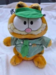 Rare 1981 Dakin Plush Garfield in Green Stripe McDonalds Employee Uniform  - Picture 1 of 5