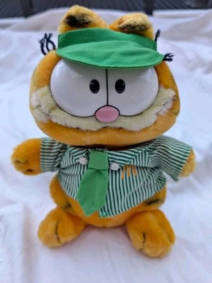Rare 1981 Dakin Plush Garfield in Green Stripe McDonalds Employee Uniform  - Image 1 of 4
