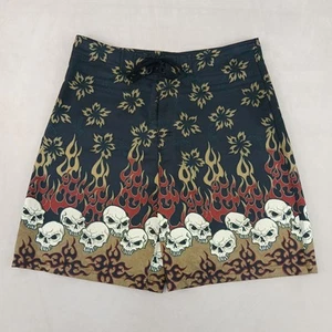 VTG Rise 36x9 Mens Board Shorts Y2K Skulls Tribal Flames Baggy - Picture 1 of 10