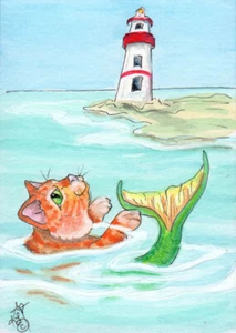 ACEO Orig Mercat Katze Fisch Leuchtturm Meer Ozean Loberg Mini Tier Fantasy Kunst - Bild 1 von 3