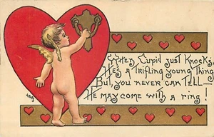 DÍA DE SAN VALENTÍN - CUPIDO LLAMA A LA PUERTA EN FORMA DE CORAZÓN - POSTAL HBG EN RELIEVE - Imagen 1 de 2