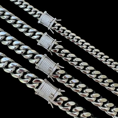 Miami Cuban Link Stainless Steel Chain W. 1ct CZ Iced 925 Silver Clasp 8mm-14mm - Image 1 of 4