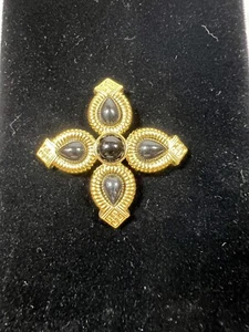 Vintage Givenchy Gold Tone & Black Cabochon Logo G Brooch Pin Signed Cross 2.56” - Picture 1 of 9