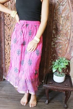 Boho Gypsy Hippy Cotton Pink Crinkled Floral Printed Summer Beach Skirts S