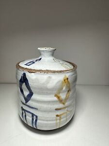 Studio Pottery Lidded Jar  5 Inch Multicolor Designs Blue Green Yellow On White