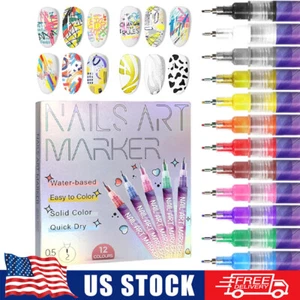 12 Colors Nail Art Pens Set 3D Nail Polish Pens Graffiti Dotting Pen Acrylic Pai - Picture 1 of 9