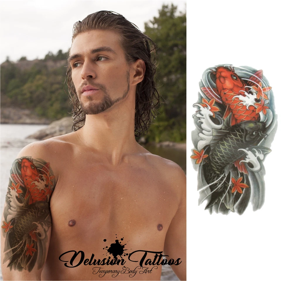 DELUSION TATTOOS KOI CARPS & LOTUS FLOWER TEMPORARY TATTOO BODY ART MENS, WOMENS, STICK ON TATTOO