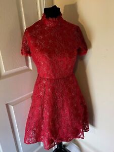 Fearne Cotton Womens Red Lace High Neck Short Sleeve Full Skirt Dress Size 10 