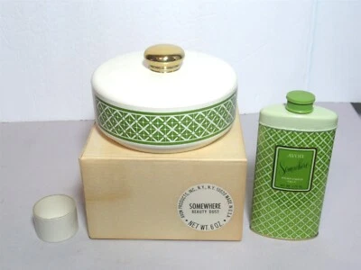 Lot Vtg Avon Somewhere Perfumed Talc Tin & Beauty Dust Bath Powder Box Full - Image 1 of 4