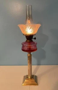 Antique Pedestal British Cranberry Glass Oil Lamp Brass Duplex Burner 28" Works - Picture 1 of 24
