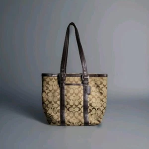 Coach Bag Women’s Tote Khaki Dark Brown Signature C Zip Adjustable Strap Vintage - Picture 1 of 8