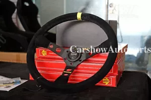 MOMO 350mm 14' Suede Leather Deep Cone Black Stitch&Button Sport Steering Wheel - Picture 1 of 12