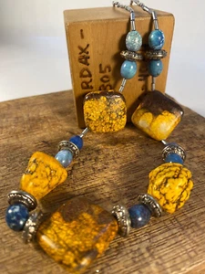 Chunky Boho Style Yellow/Blue Denim Beaded Necklace: Handmade One Of A Kind - Picture 1 of 4