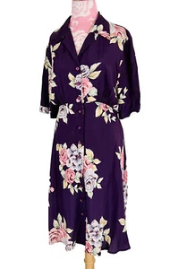 Vintage 90s Ellements Purple Floral Size 14 Button Up Midi Dolman Pretty Dress - Picture 1 of 8
