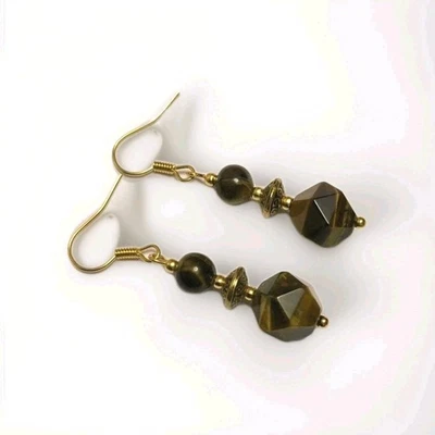 Lovely TIGERS EYE Gemstone Earrings In Gold Plate.drop dangle - Image 1 of 4