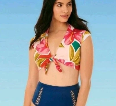 Bikini Top Medium Womens Slimming Control Tie-Front Swimsuit  Tropical New - Image 1 of 4