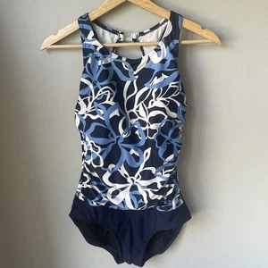 Silhouette Solutions Blue And White Floral One-Piece Swimsuit Bathing Suit Sz 10 - Picture 1 of 9