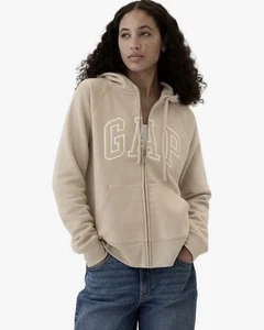 GAP Women Medium Khaki Brown Cotton Long Sleeve Logo Sweatshirt Zip Hoodie NWOT - Picture 1 of 12
