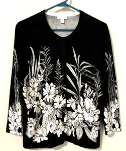 Charter Club Strickjacke Pullover geblümt schwarz-weiß Knöpfe PETITE SMALL - Bild 1 von 7