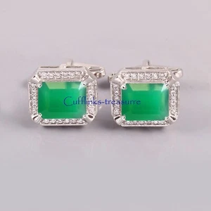 Natural Green Onyx Gemstones with 925 Sterling Silver Cufflinks For Men's #903 - Picture 1 of 7