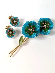 Vintage Strass Emaille Blume Brosche Clip auf Ohrringe Set gezuckert Glitzer 3D - Bild 1 von 12