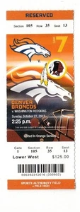 2013 DENVER BRONCOS VS WASHINGTON REDSKINS TICKET STUB 10/27/13 PEYTON MANNING - Picture 1 of 1