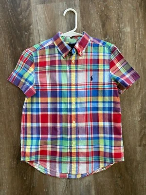 RALPH LAUREN ~ 多色格子纽扣衬衫 ~ 7 ~ 领 Polo ~ s/s ~ 红色 ~ 蓝色 ~ — 第 1/4 张图片