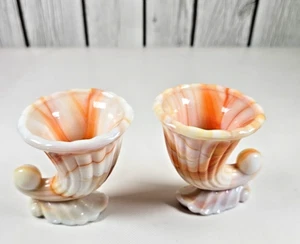 Vintage NYC Vogue Merc Orange Creamsicle Slag Glass Horn of Plenty Set Of 2 - Picture 1 of 6