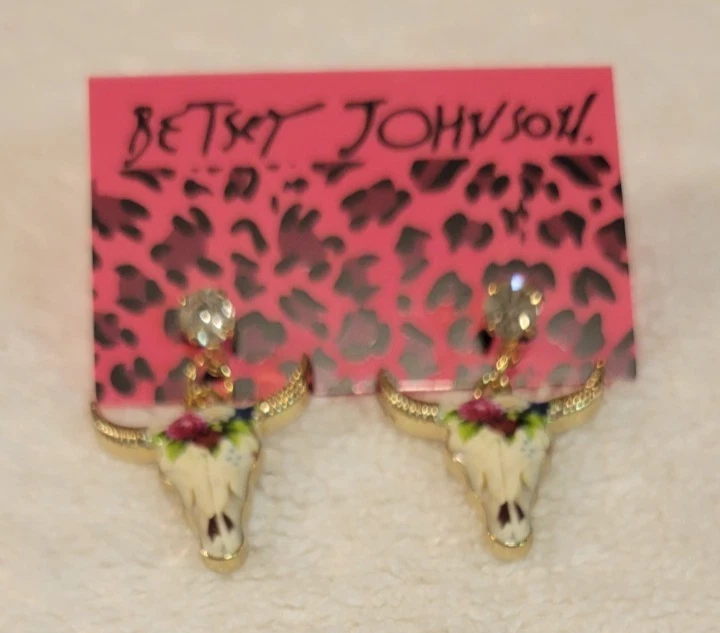 Betsey Johnson White Enamel Pattern Bulls Head With Crystal Accent Earrings - Image 1 of 1