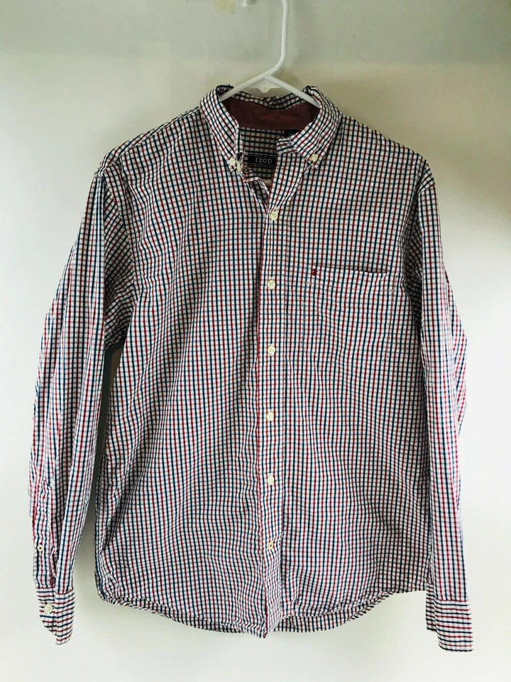Camisa IZOD Para Hombre Pequeña Blanca Roja Azul Cuadros Bolsillo Manga Larga Con Botones Foto 1 de 4