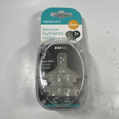 2-Pack NANOBEBE 6m+ Extra Soft Clear Silicone Nipples Fast Flow NEW SEALED - Image 1 of 4