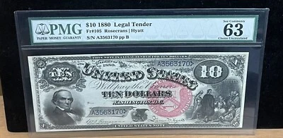 Rosecrans 1880 $10 PMG Fr#105 licitación legal | Hyatt 63 elección UNC  Foto 1 de 2