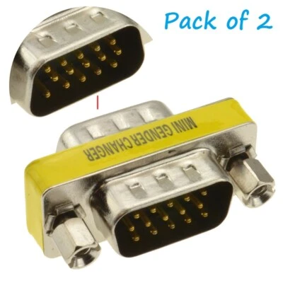 2 Pack 15 Pin HD DB15 VGA/SVGA Male to Male Mini Gender Changer Adaptor - Image 1 of 4