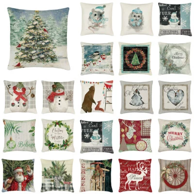 18" Christmas Tree Woodland Winter Bird Pillow Case Snowman Wreath Cushion Cover - Image 1 of 4